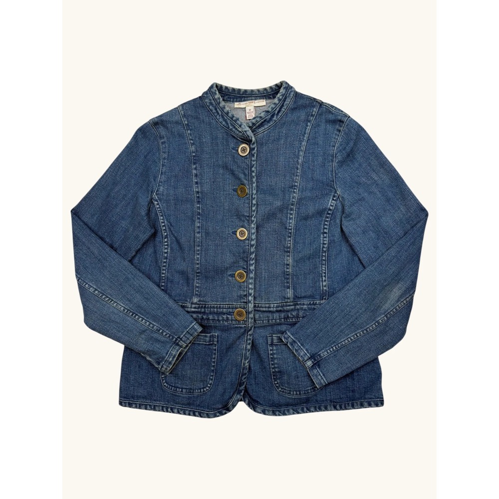 JM Collection Petite Denim Jacket Medium Wash Blue Mock Neck Button Front 10P
